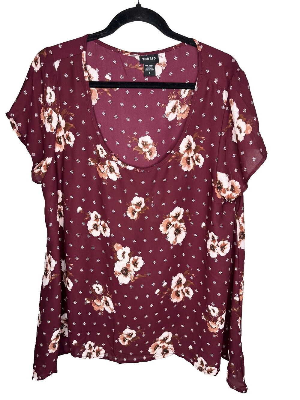 Torrid Blouse Womens Large Geometric Diamond Short Sleeve Burgundy Floral Print